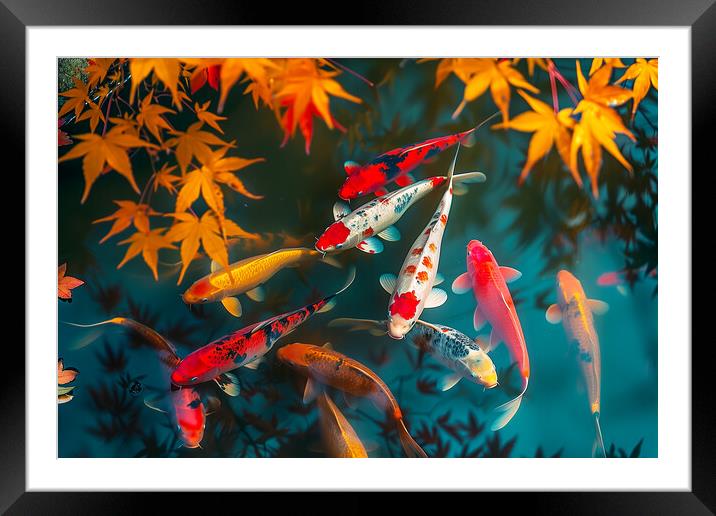 Koi Carp in a pond lined with autumn Japanese Maple trees Framed Mounted Print by T2 