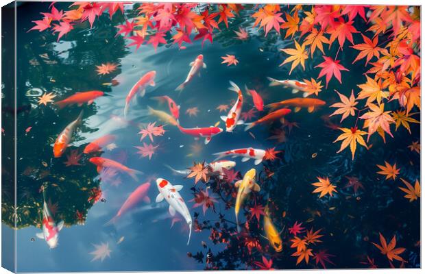 Koi Carp in a pond lined with autumn Japanese Maple trees Canvas Print by T2 