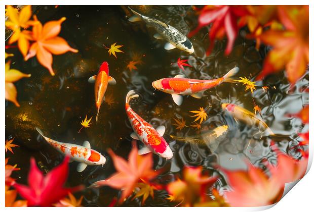 Koi Carp in a pond lined with autumn Japanese Maple trees Print by T2 