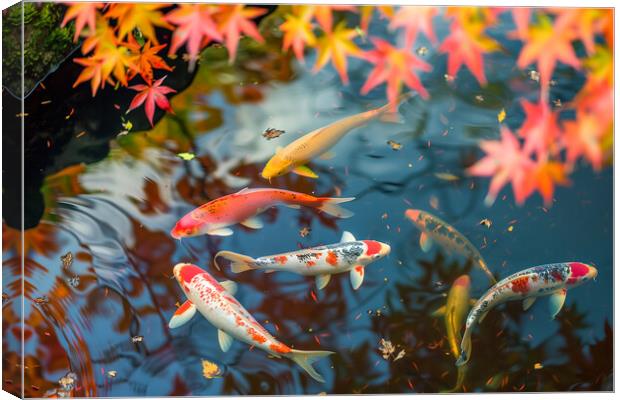 Koi Carp in a pond lined with autumn Japanese Maple trees Canvas Print by T2 