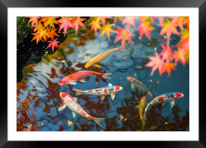 Koi Carp in a pond lined with autumn Japanese Maple trees Framed Mounted Print by T2 