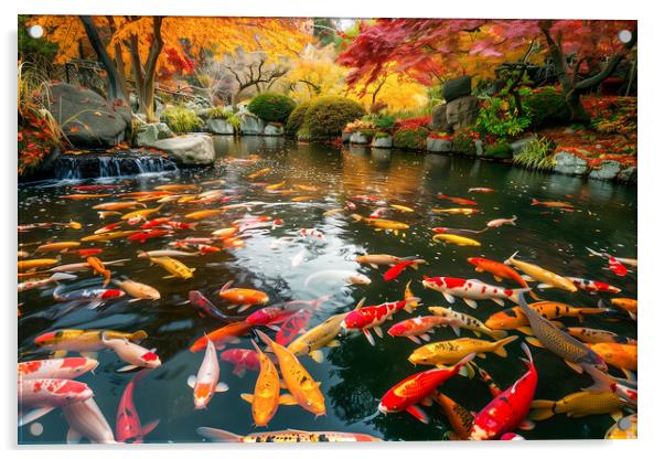 Koi Carp in a pond lined with autumn Japanese Maple trees Acrylic by T2 