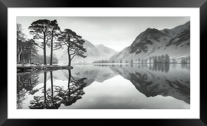 Buttermere Pines Black and White Framed Mounted Print by T2 