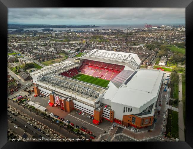 Anfield Stadium Liverpool Football Club from the air Framed Print by Phil Longfoot