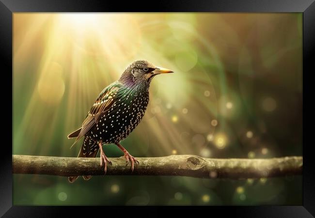 A beautiful starling sitting on a branch in the sun. Framed Print by Michael Piepgras
