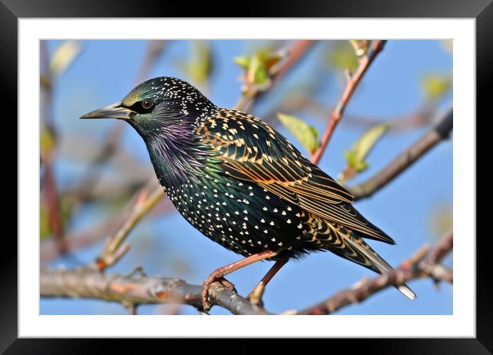 A beautiful starling sitting on a branch in the sun. Framed Mounted Print by Michael Piepgras