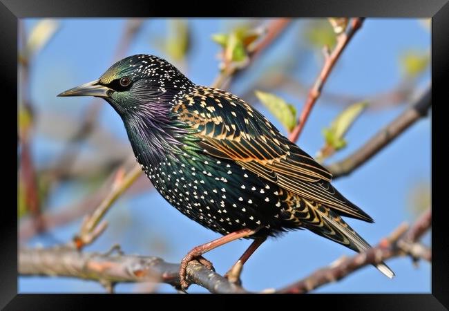 A beautiful starling sitting on a branch in the sun. Framed Print by Michael Piepgras