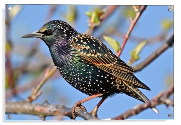 A beautiful starling sitting on a branch in the sun. Acrylic by Michael Piepgras