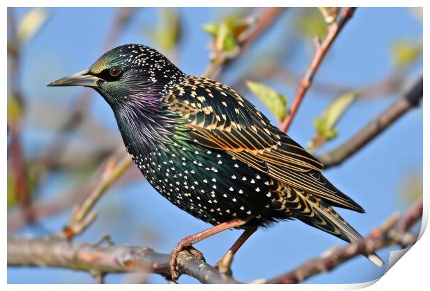 A beautiful starling sitting on a branch in the sun. Print by Michael Piepgras