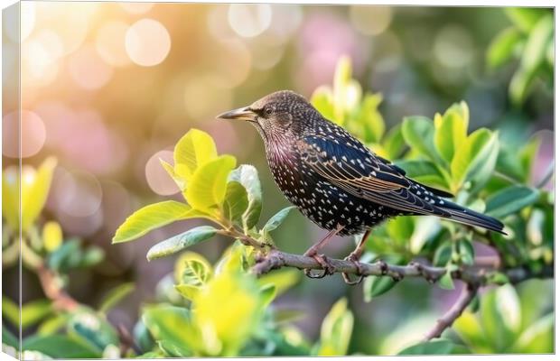 A beautiful starling sitting on a branch in the sun. Canvas Print by Michael Piepgras