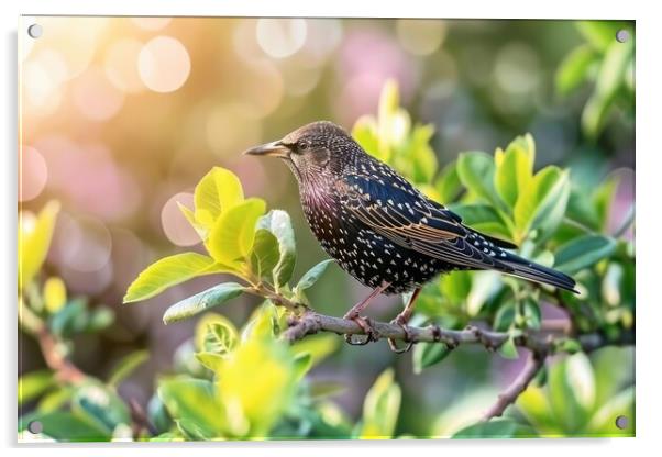 A beautiful starling sitting on a branch in the sun. Acrylic by Michael Piepgras