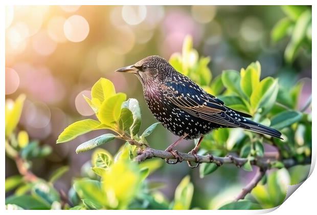 A beautiful starling sitting on a branch in the sun. Print by Michael Piepgras