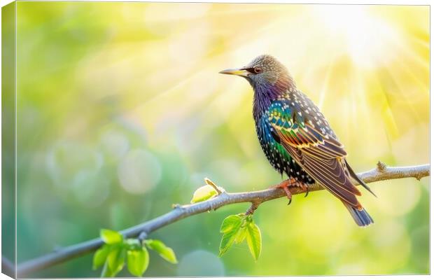 A beautiful starling sitting on a branch in the sun. Canvas Print by Michael Piepgras
