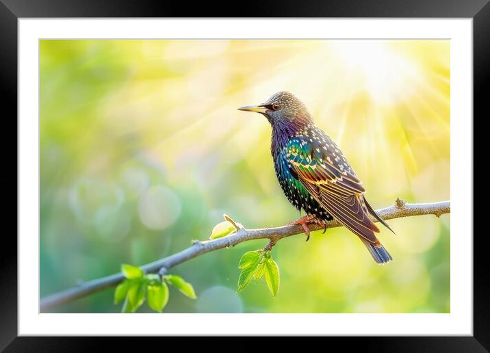 A beautiful starling sitting on a branch in the sun. Framed Mounted Print by Michael Piepgras