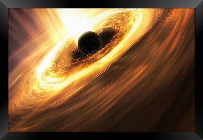 A black hole with its event horizon and swirling accretion disk. Framed Print by Michael Piepgras