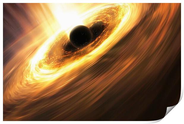 A black hole with its event horizon and swirling accretion disk. Print by Michael Piepgras