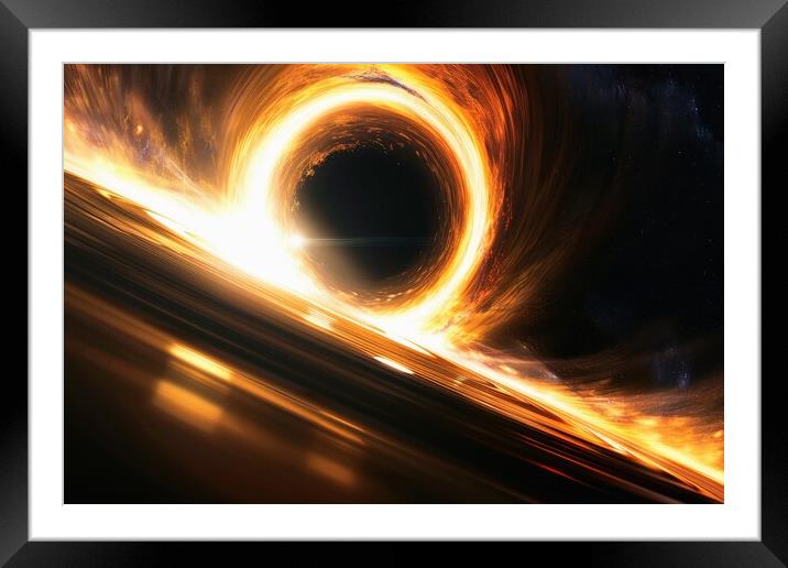 A black hole with its event horizon and swirling accretion disk. Framed Mounted Print by Michael Piepgras