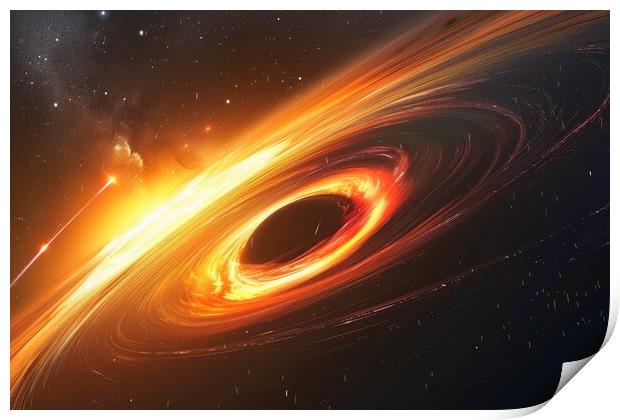 A black hole with its event horizon and swirling accretion disk. Print by Michael Piepgras