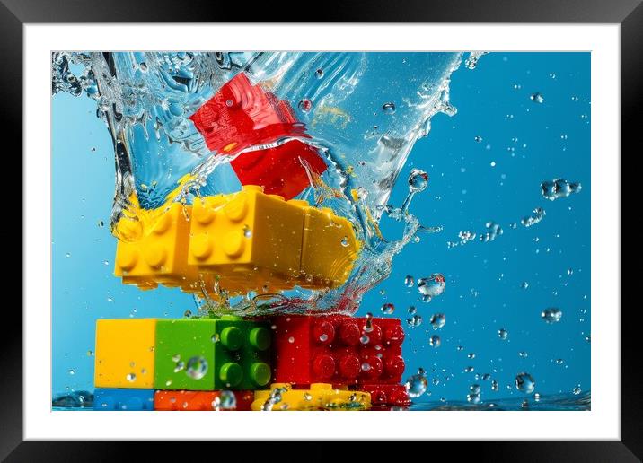 Colorful building blocks splashing into water. Framed Mounted Print by Michael Piepgras