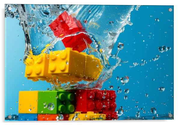 Colorful building blocks splashing into water. Acrylic by Michael Piepgras
