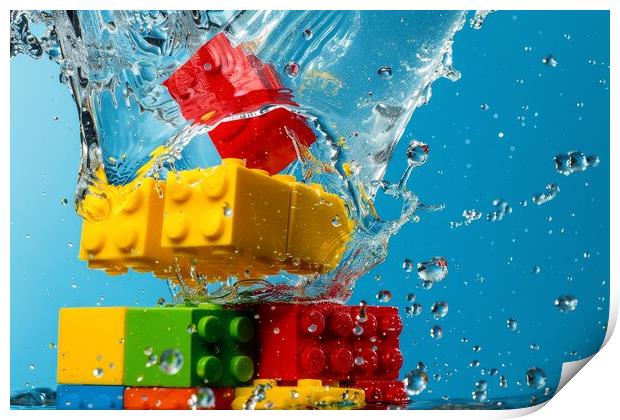 Colorful building blocks splashing into water. Print by Michael Piepgras