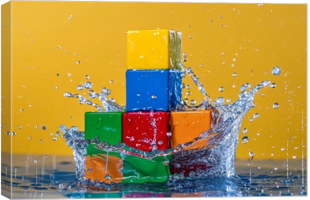 Colorful building blocks splashing into water. Canvas Print by Michael Piepgras
