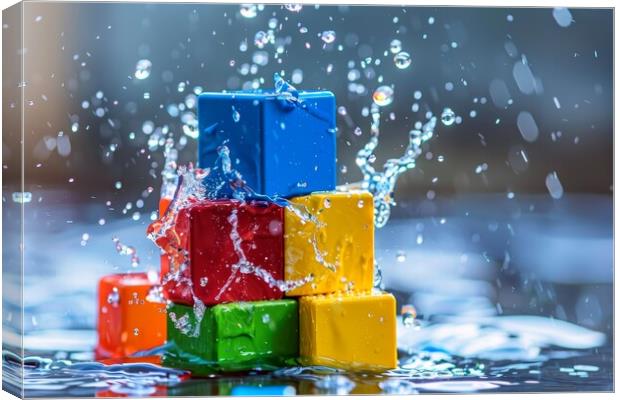 Colorful building blocks splashing into water. Canvas Print by Michael Piepgras