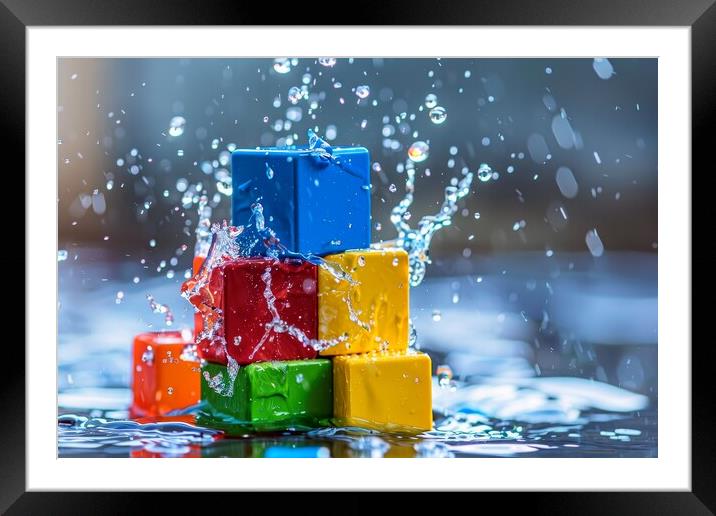 Colorful building blocks splashing into water. Framed Mounted Print by Michael Piepgras