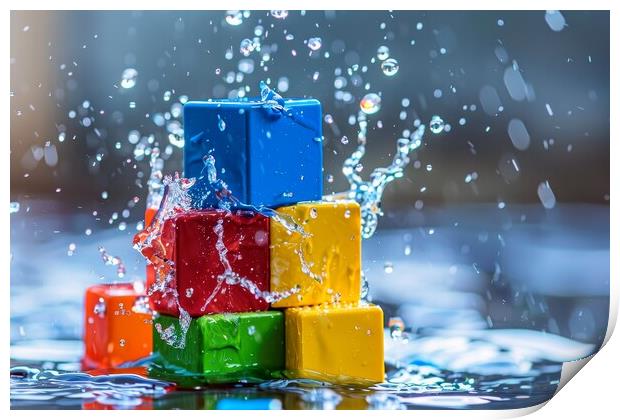 Colorful building blocks splashing into water. Print by Michael Piepgras