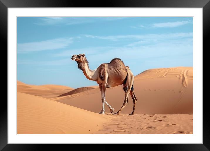 A camel walking in a desert. Framed Mounted Print by Michael Piepgras