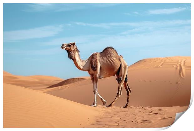 A camel walking in a desert. Print by Michael Piepgras