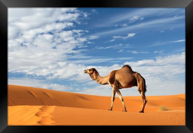 A camel walking in a desert. Framed Print by Michael Piepgras