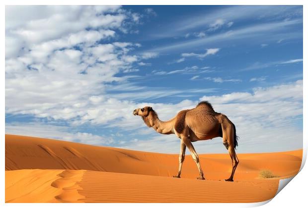 A camel walking in a desert. Print by Michael Piepgras