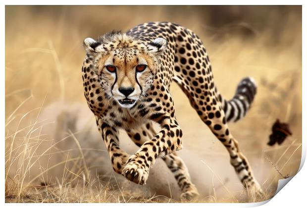 A cheetah in mid stride muscles tensed and focused on its prey. Print by Michael Piepgras