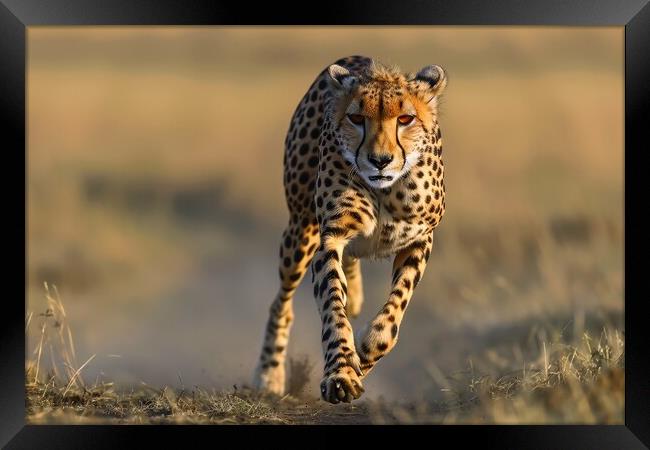 A cheetah in mid stride muscles tensed and focused on its prey. Framed Print by Michael Piepgras