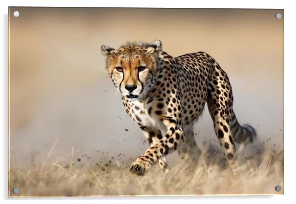 A cheetah in mid stride muscles tensed and focused on its prey. Acrylic by Michael Piepgras