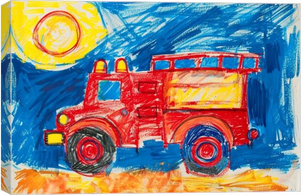 A childs crayon painting of a fire engine. Canvas Print by Michael Piepgras