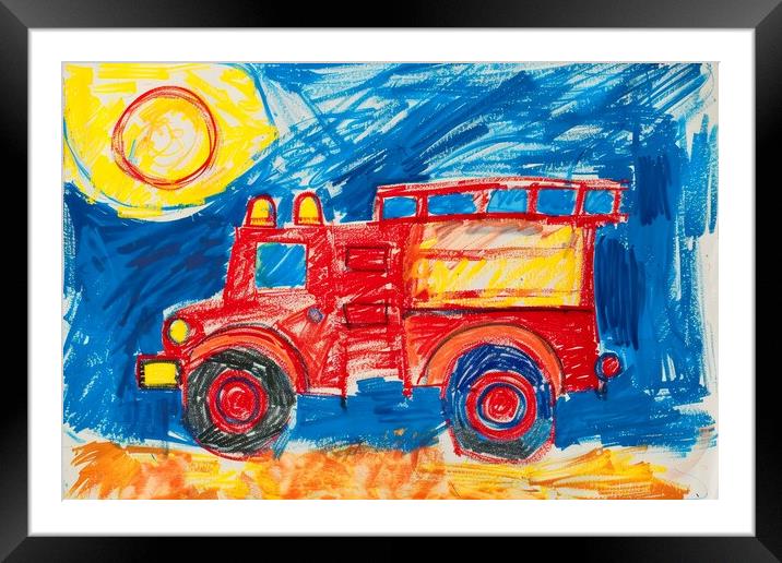 A childs crayon painting of a fire engine. Framed Mounted Print by Michael Piepgras