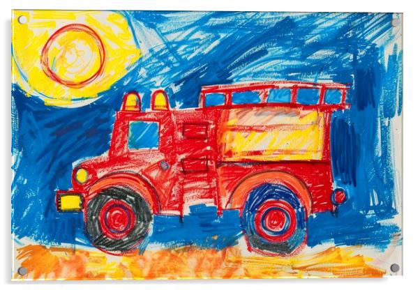 A childs crayon painting of a fire engine. Acrylic by Michael Piepgras