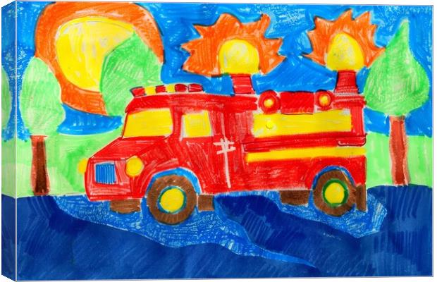 A childs crayon painting of a fire engine. Canvas Print by Michael Piepgras