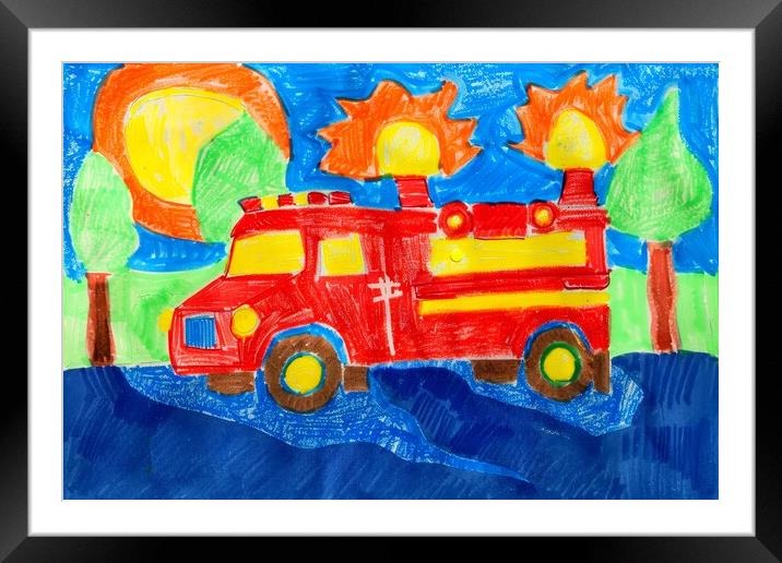 A childs crayon painting of a fire engine. Framed Mounted Print by Michael Piepgras