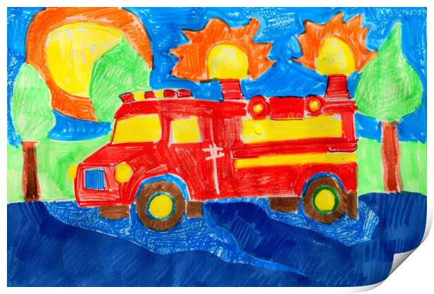 A childs crayon painting of a fire engine. Print by Michael Piepgras