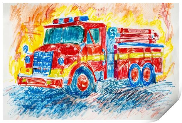 A childs crayon painting of a fire engine. Print by Michael Piepgras