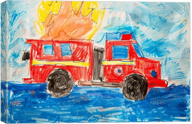 A childs crayon painting of a fire engine. Canvas Print by Michael Piepgras