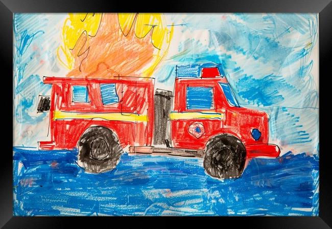 A childs crayon painting of a fire engine. Framed Print by Michael Piepgras