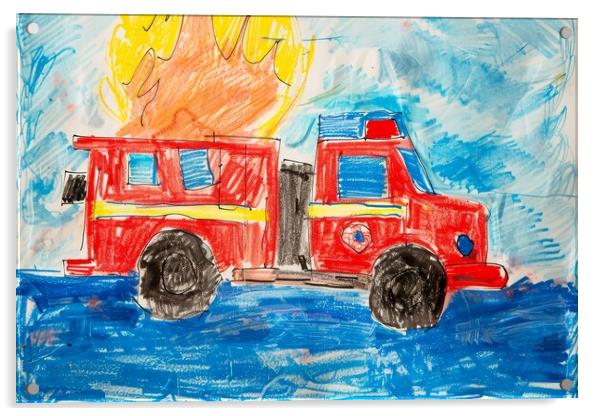 A childs crayon painting of a fire engine. Acrylic by Michael Piepgras