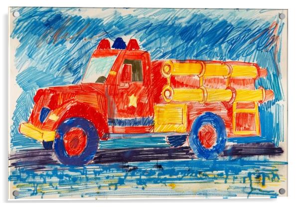 A childs crayon painting of a fire engine. Acrylic by Michael Piepgras