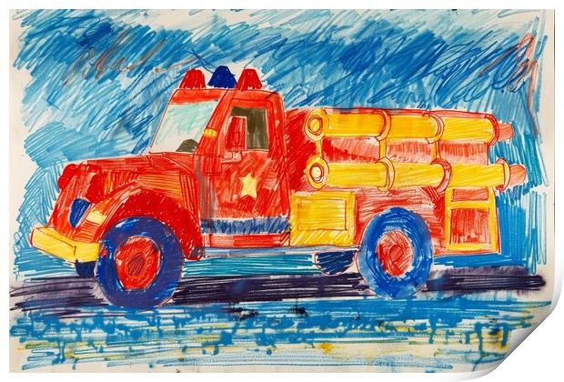 A childs crayon painting of a fire engine. Print by Michael Piepgras