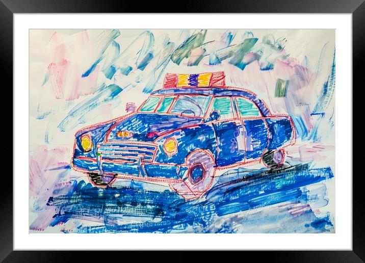 A childs crayon painting of a police car. Framed Mounted Print by Michael Piepgras