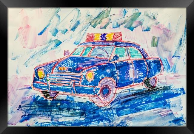 A childs crayon painting of a police car. Framed Print by Michael Piepgras